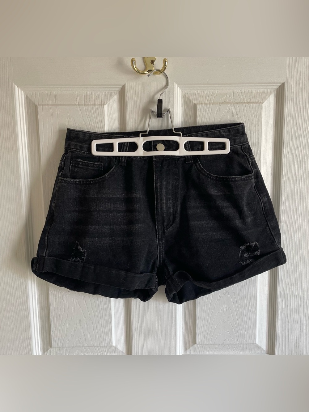 SHEIN Black Rolled Cuff Distressed Denim Shorts
